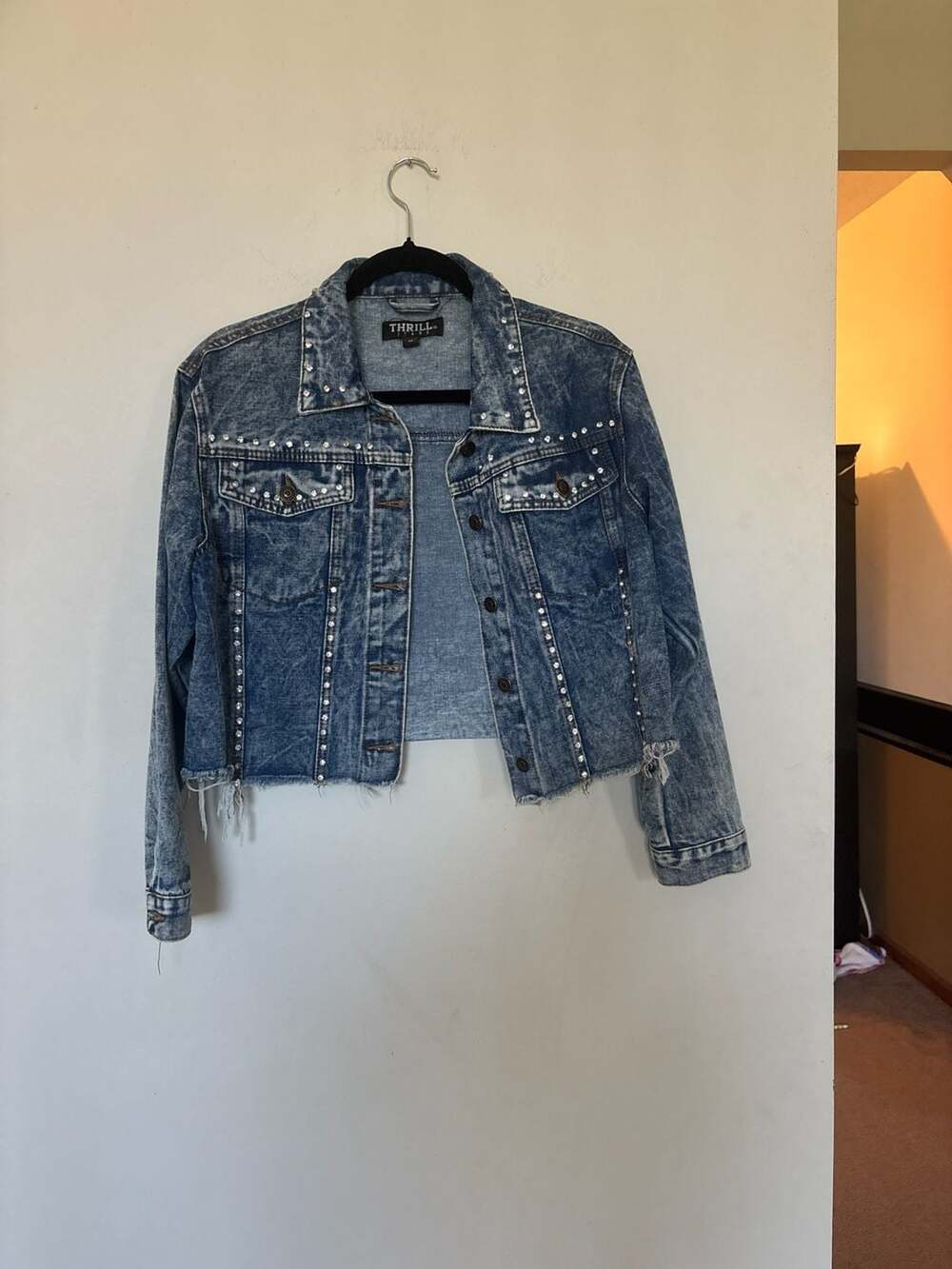 Thrill Jeans Acid Wash Cropped Studded Denim Jacket with Back Graphic Patch